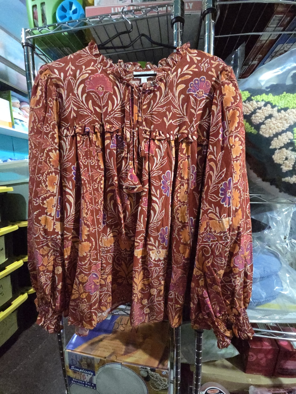 New Oddi 1X Boho Rust Floral Tie-Neck Peasant Blouse
